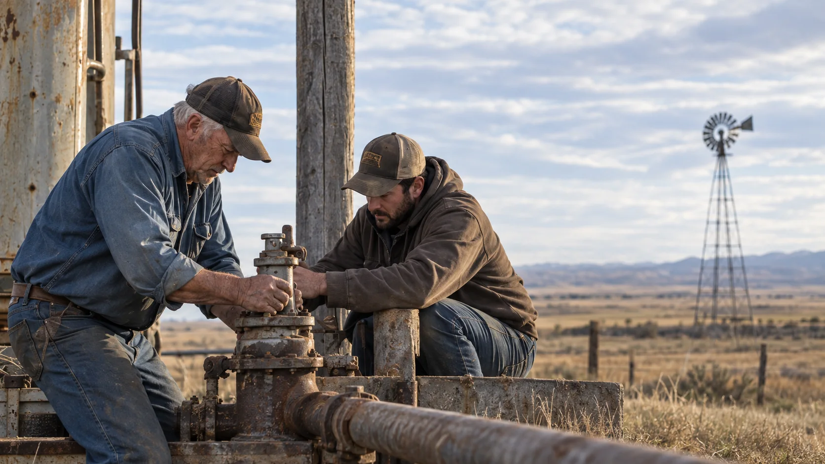 Older and younger ranch workers repairing a water pump together.