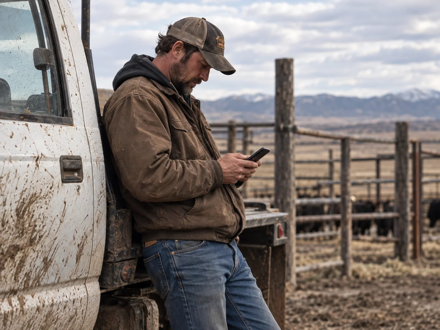 Rancher using his phone beside a weathered white pickup.