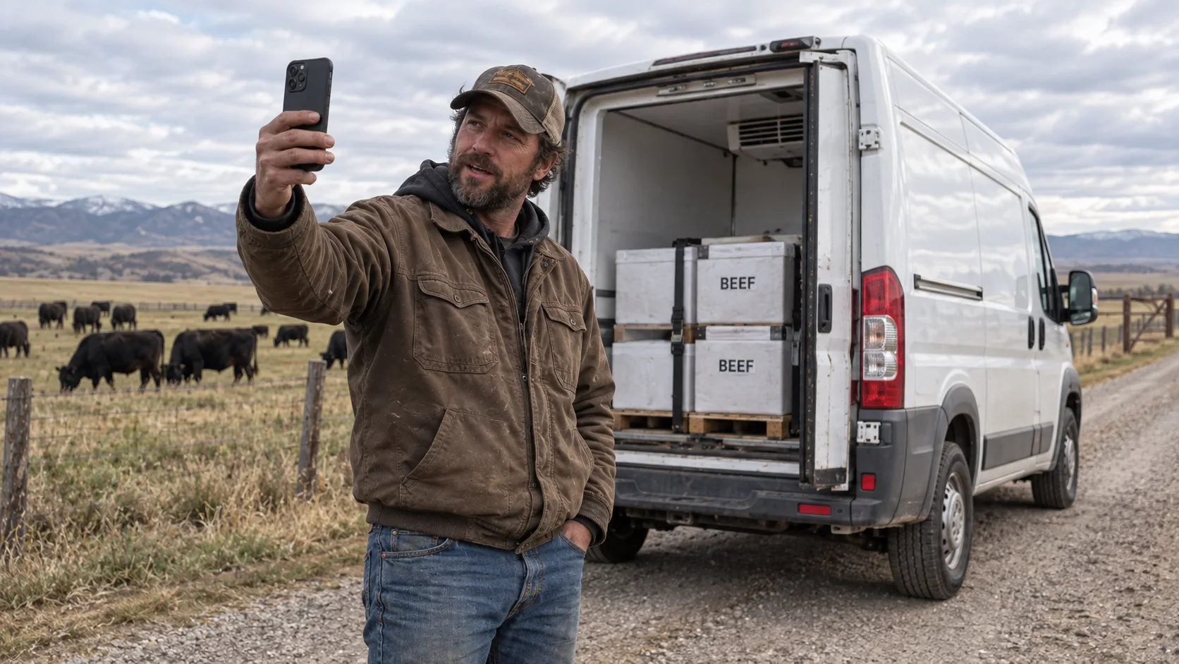 Illustrative rancher beside a beef-delivery van, with cattle on pasture behind him.