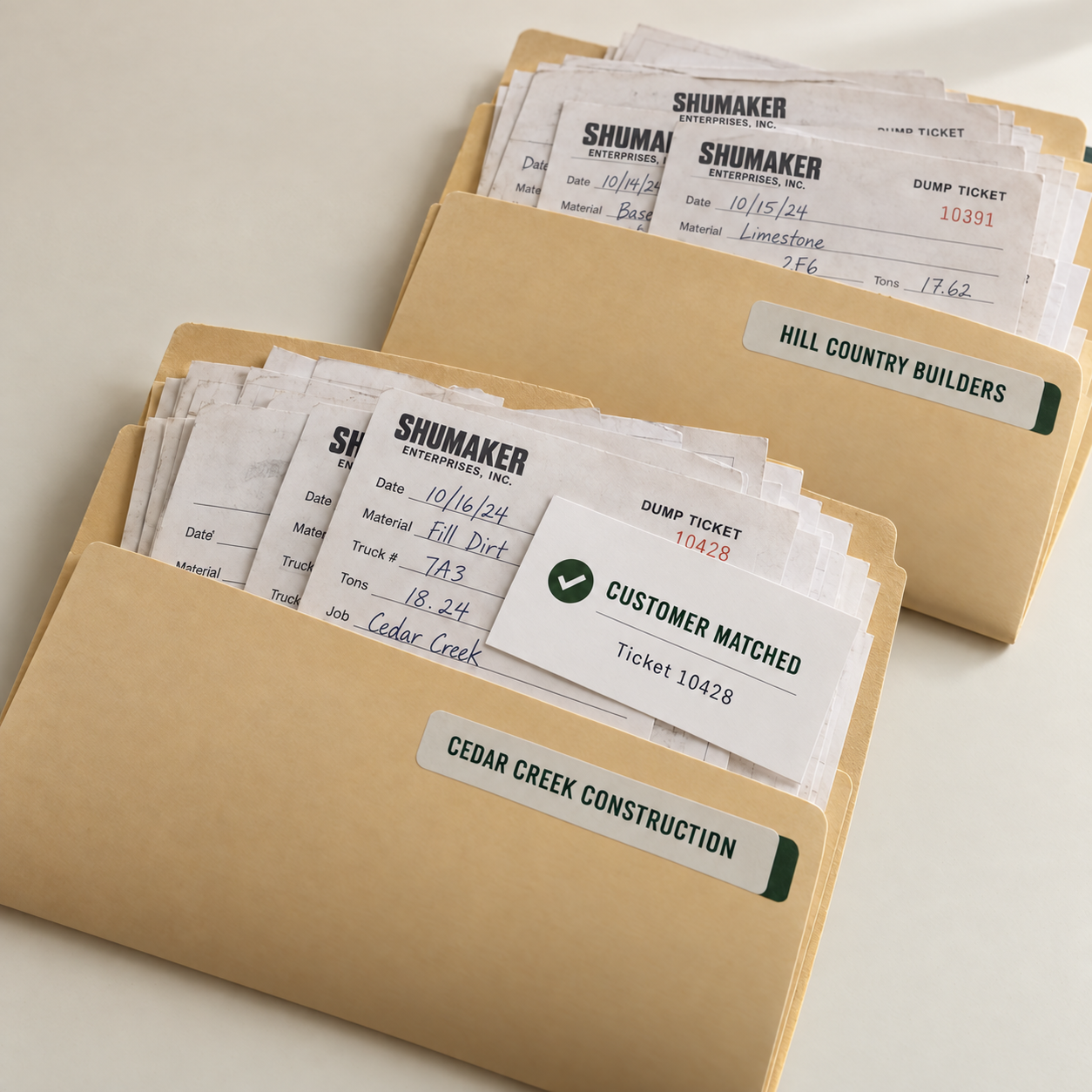 Illustrative tickets sorted into matching customer folders.