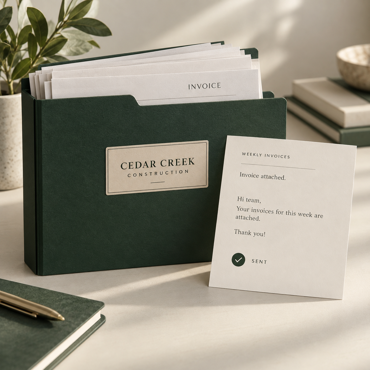 Illustrative filed customer invoices and a weekly email confirmation.