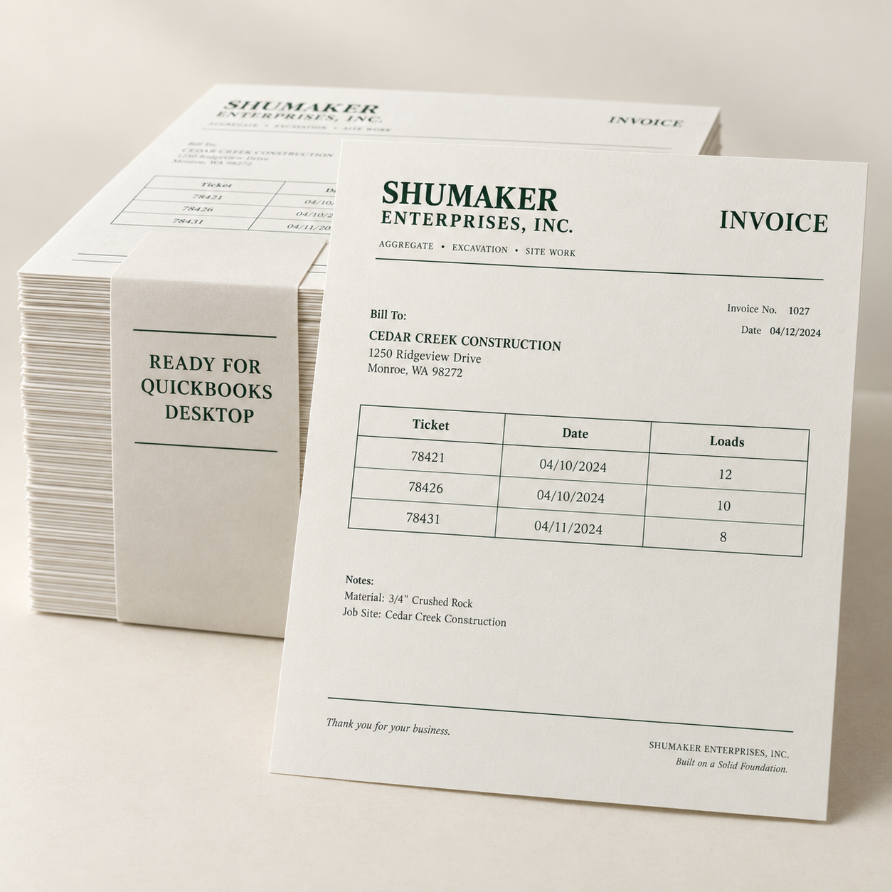Illustrative batch of invoices prepared for QuickBooks Desktop.
