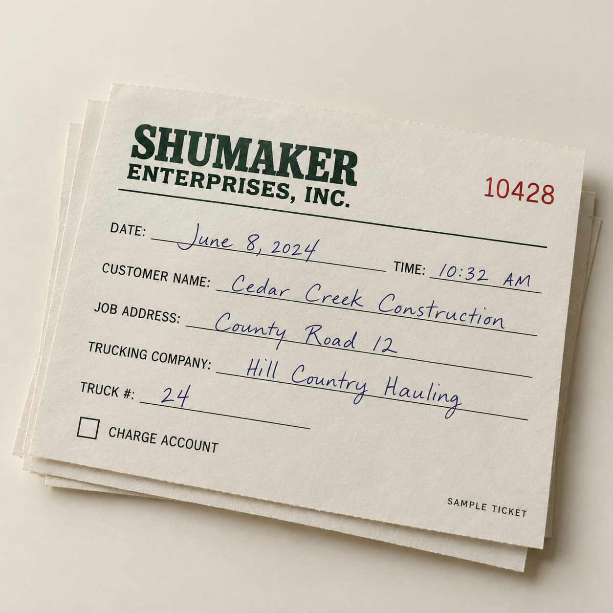 Illustrative handwritten Shumaker dump-site tickets with fictional customer details.