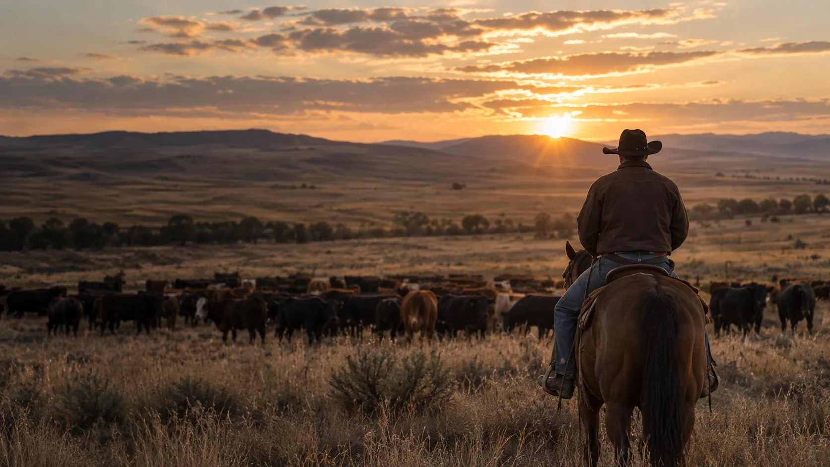 Rancher on horseback overlooking cattle at sunset.