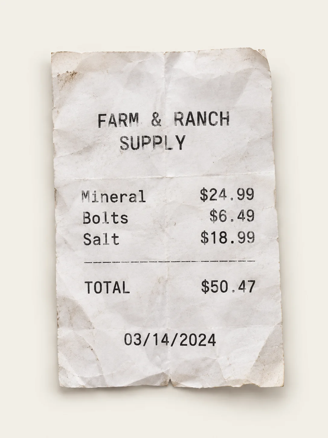 Farm and Ranch Supply receipt totaling $50.47.